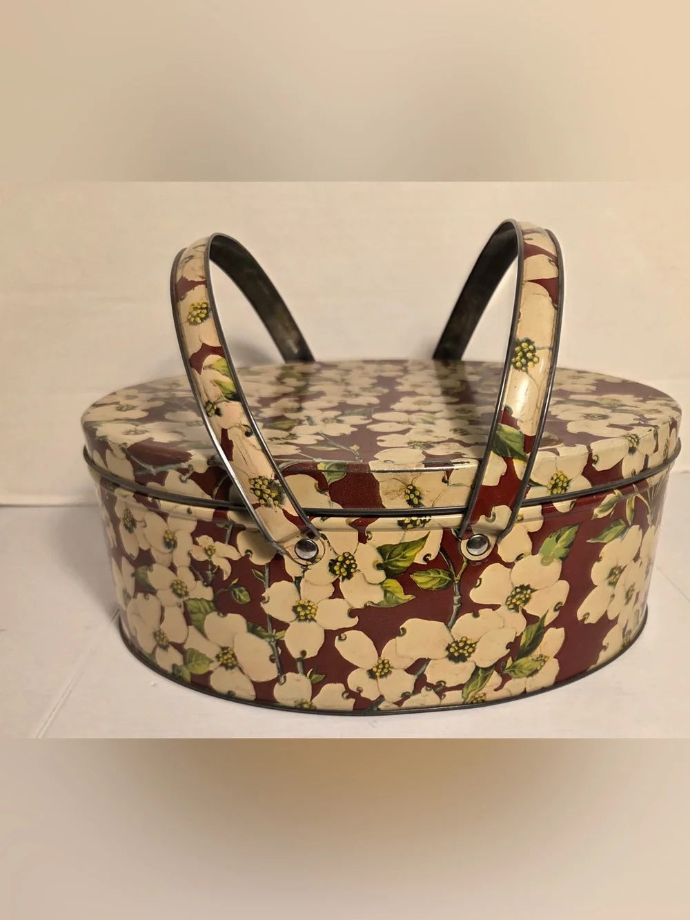 Vintage Dogwood Flower Metal Tin With Handles White Brown Sewing Basket